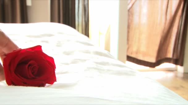 Rote Rose liegt auf weißem Leinenbett im Resort.