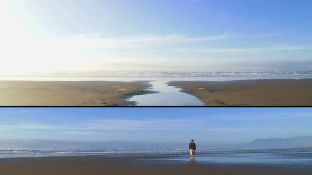 Clipe em camadas com 2 tiros de homem caminhando em direção ao Oceano Pacífico em Oregon em viagem solo . — Vídeo de Stock