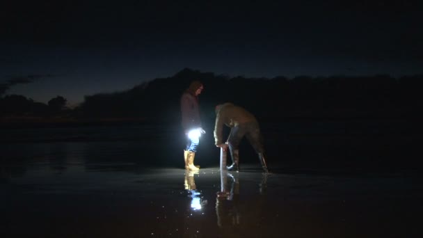 Met clamming pistool lopen Stille Oceaan op zoek naar razor kokkels bij zonsondergang, uitzoomen en kantelen tot hemel. — Stockvideo