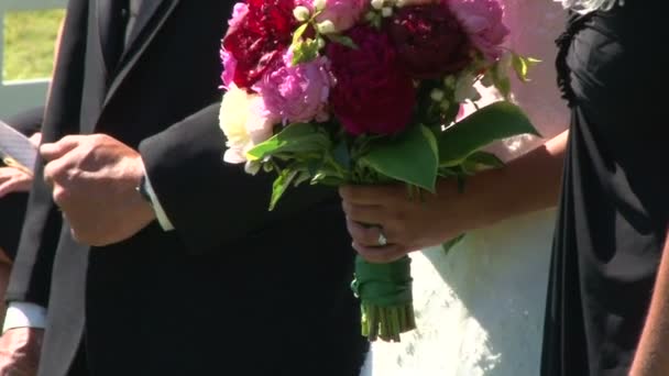 Bruden och brudgummen håller hand på deras bröllopsdag under ceremonin. — Stockvideo