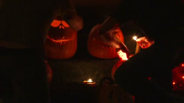 Eine Gruppe von Kürbissen leuchtete in der Halloween-Nacht — Stockvideo