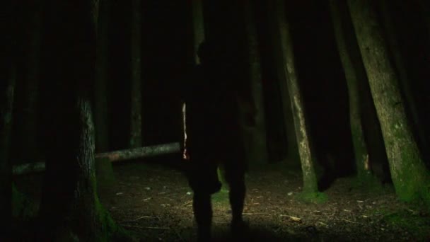 Человек, бегущий в темный лес ночью с фонариком . — стоковое видео