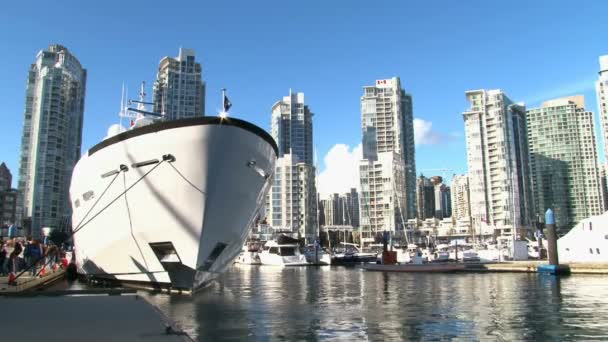 Yachts in the port amid skyscrapers — Stock Video