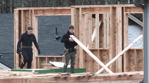 Los Carpinteros Trabajo Comprueban Los Materiales Madera Mientras Que Construyen — Vídeo de stock