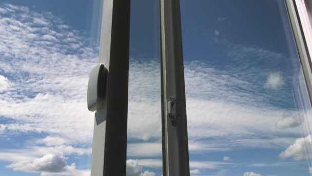 Looking Modern Glass Window Out Beautiful Blue Sky Fluffy Clouds Royalty Free Stock Footage