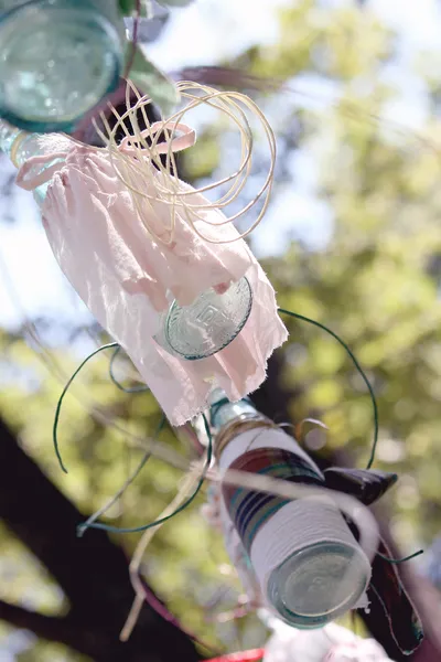 Glass bottle hanging from tree — Stock Photo, Image