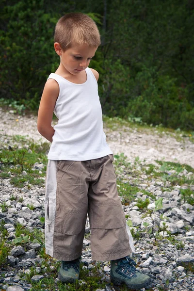 Portret van vier jaar oude jongen buitenshuis wandelen in de bergen. — Stockfoto