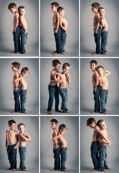 Collage de imágenes de hermanos jóvenes. Retrato de estudio . —  Fotos de Stock
