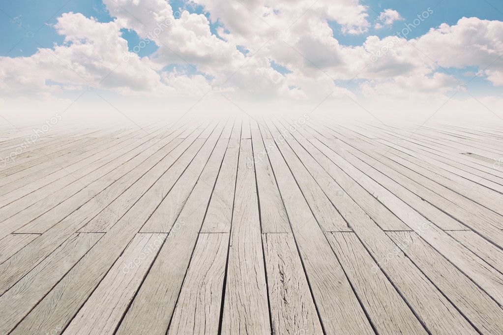 Cloudy blue sky and wood floor, background image. — Stock Photo © pio3 14442485