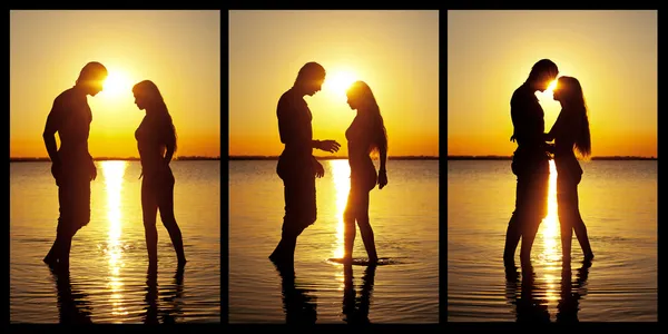 Couple silhouette à la plage s'embrassant . — Photo