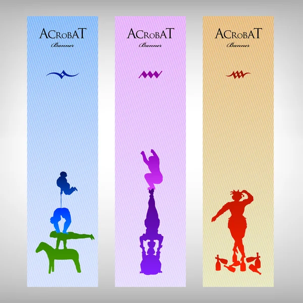 Set di tre banner colorati con personaggio acrobata — Vettoriale Stock