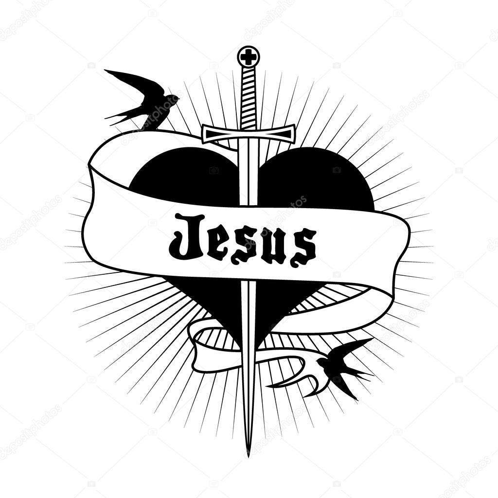 Heart tattoo with sword and Jesus written on label