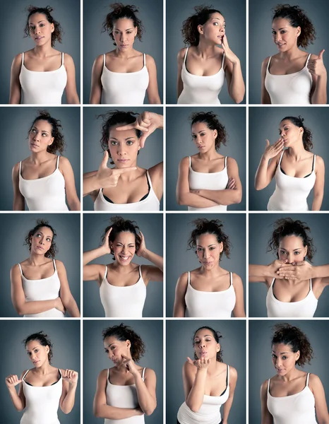 Collage di bella ragazza bruna riccia con diverse espressioni facciali — Foto Stock