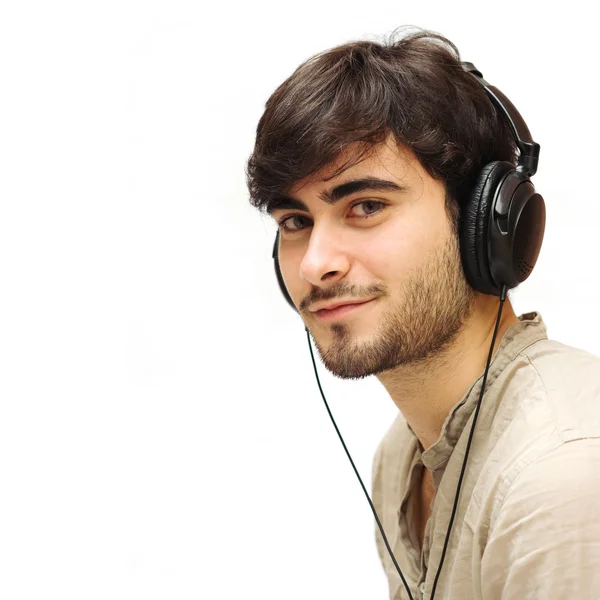 Homem com fones de ouvido isolados em branco — Fotografia de Stock