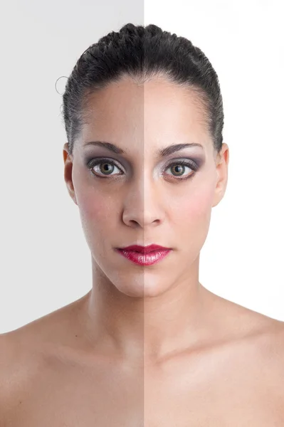Fotobewerking van dames gezicht tonen fotomanipulatie — Stockfoto