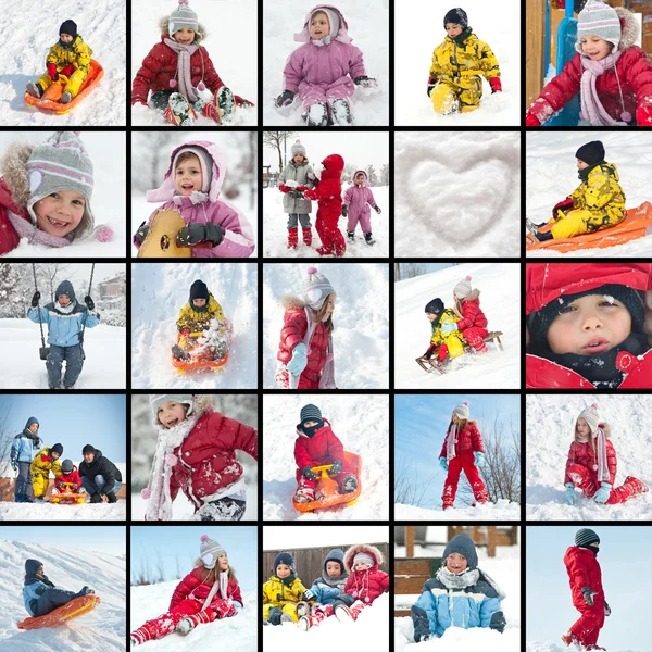Collage von Kindern, die im Schnee spielen — Stockfoto