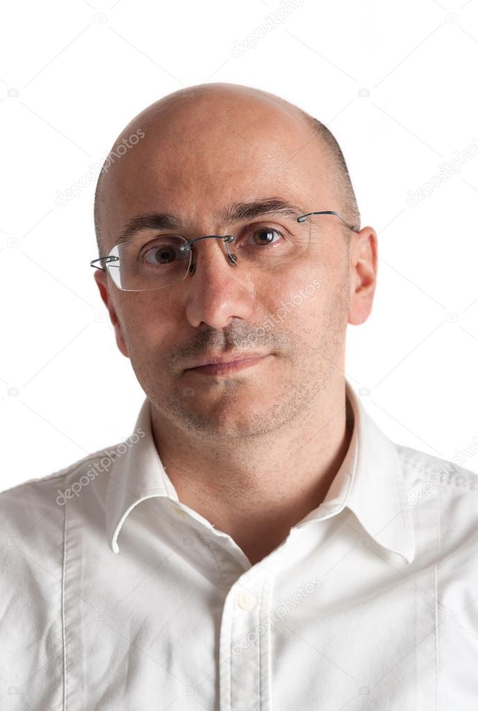 Bald man with glasses portrait. White background