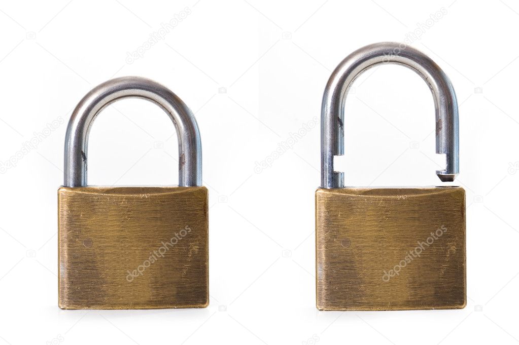 Open and close padlock isolated on white background