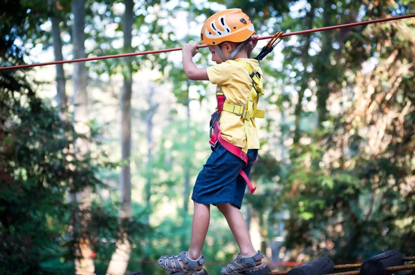 6 yaşında bir çocuk dolomites, İtalya içinde ağaçlar tırmanma — Stok fotoğraf