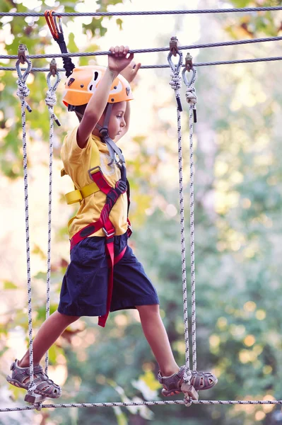 6-jähriges Kind klettert auf Bäume in den Dolomiten, Italien — Stockfoto