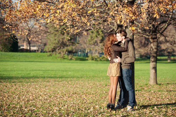 Romantico giovane coppia baci all'aperto nel parco autunnale — Foto Stock