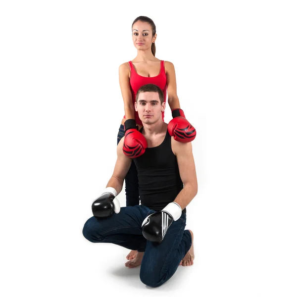 Sporty couple portrait with boxing fighting gloves on white background — Stock Photo, Image