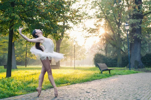 Açık havada dans bir parkta genç güzel balerin. Balerin projesi — Stok fotoğraf