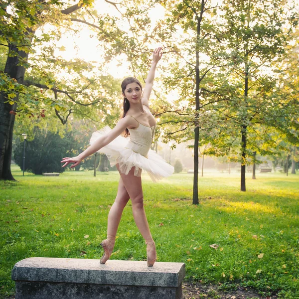 Jovem bela bailarina dançando ao ar livre em um parque. Projeto de bailarina — Fotografia de Stock