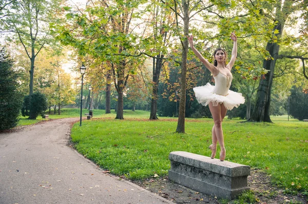 年轻美丽的芭蕾舞演员在一个公园户外跳舞。芭蕾舞女演员项目 — 图库照片