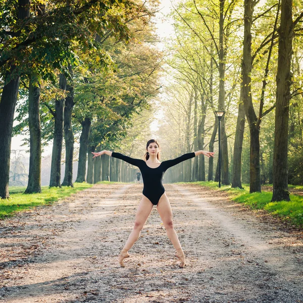 Unga vackra ballerina dansa utomhus i en parkväg med träd — Stockfoto