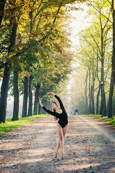 Молодая красивая балерина танцует на открытом воздухе на бульваре с деревьями — стоковое фото