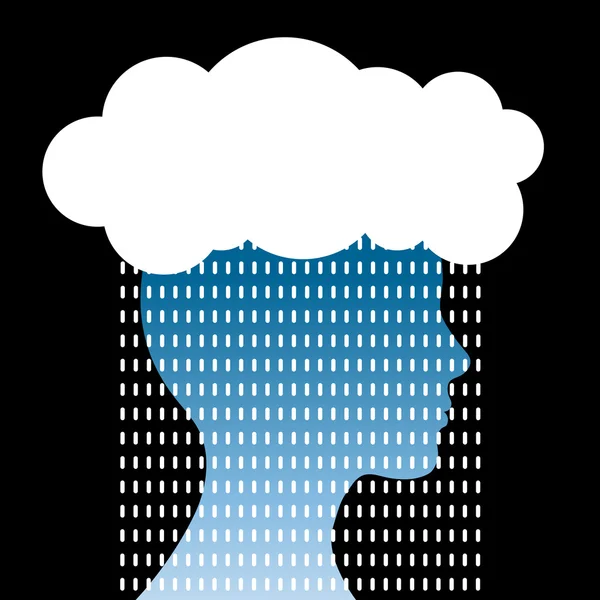 Tête humaine avec nuage et pluie. Concept de préoccupation — Image vectorielle