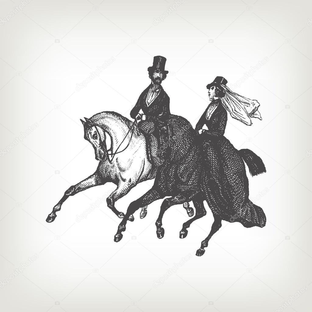 Engraving vintage noble horse riders