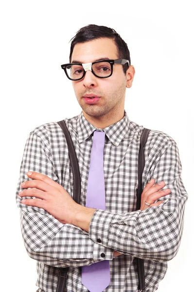 Divertido retrato de nerd joven con gafas aisladas sobre fondo blanco . — Foto de Stock