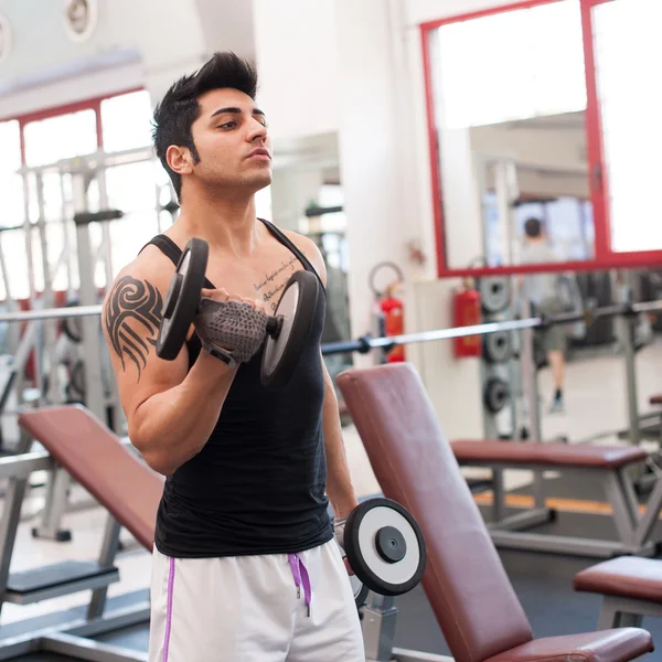 Jovem se exercitando com halteres em um ginásio . — Fotografia de Stock