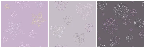 Stars Hearts Wheels Hand Drawn Shapes Made Dots Seamless Patterns — Vetor de Stock