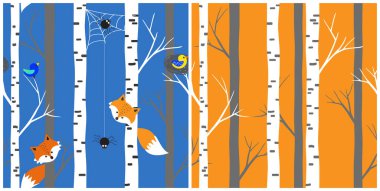 Kusursuz vektör deseni seti. Basit orman tasarımı, tilki, örümcek, örümcek ağı ve kuş. Kumaş, duvar kağıdı, hediye paketi tasarımı için tekrarlanan arka plan. Eps 10