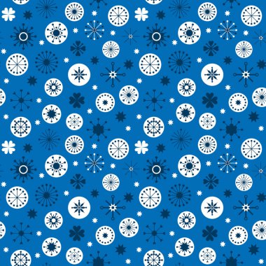 Kar taneleriyle kusursuz bir Noel deseni. Mavi ve beyaz kış illüstrasyonunda vektör tatil. İskandinav tarzı tebrik kartı, dekor, afiş, poster, kumaş. Eps 10