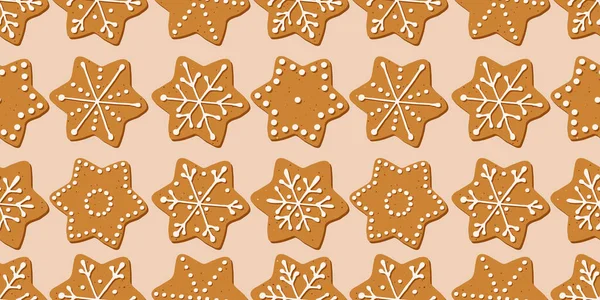 Biscoitos Gengibre Natal Forma Estrelas Sem Costura Padrão Feriado Ilustração — Vetor de Stock