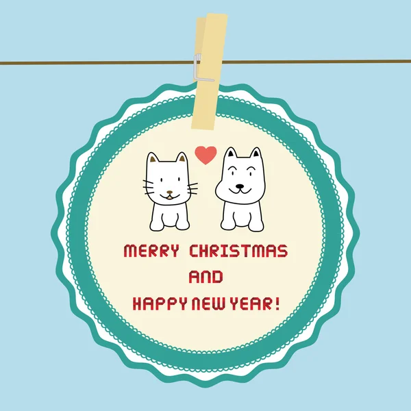 Gato e cão apaixonados. Feliz Natal e Feliz Ano Novo Cartão — Vetor de Stock
