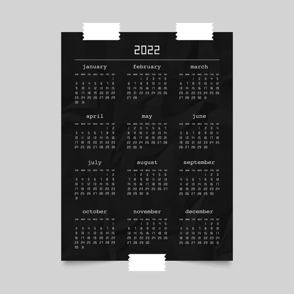 Kalender Voor 2022 Jaar Zwart Verfrommeld Papier Poster Mockup Week — Stockvector