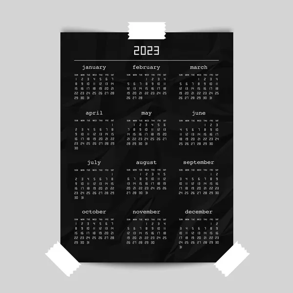 Calendar 2023 Year Black Crumpled Paper Poster Mockup Week Starts — Stock Vector