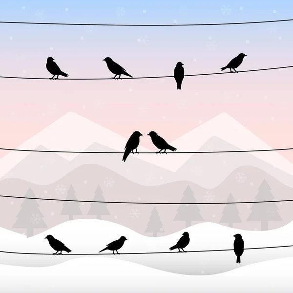 Silueta Pájaros Sobre Alambres Fondo Invernal Ilustración Vectorial — Vector de stock