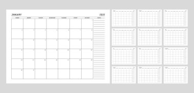 2022 yılının takvim planlayıcı şablonu. Hafta pazar günü notlarla başlıyor..