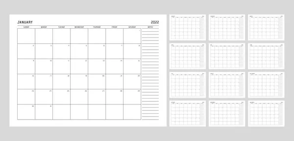 2022 yılının takvim planlayıcı şablonu. Hafta pazar günü notlarla başlıyor..