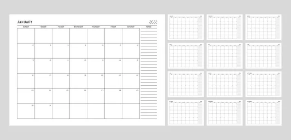 Šablona Kalendáře Pro Rok2022 Týden Začíná Neděli Poznámkami — Stockový vektor