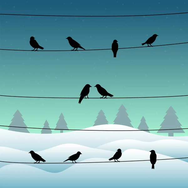 Silhouette Oiseaux Sur Fils Fond Hivernal Illustration Vectorielle — Image vectorielle