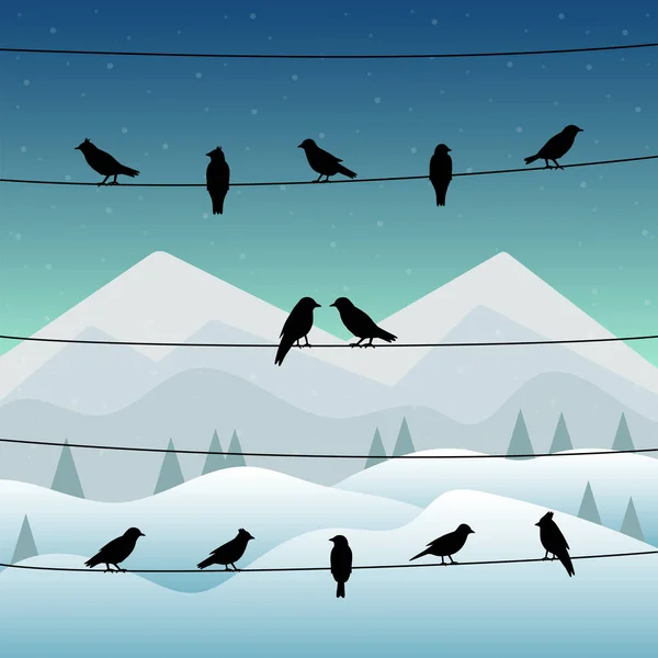 Silueta Pájaros Sobre Alambres Fondo Invernal Ilustración Vectorial — Vector de stock