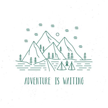 Macera, kamp ve dağ manzaralı el yazısı beklemektir. Seyahat kavramı.