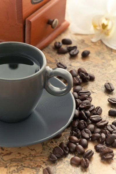 ถ้วยกาแฟพร้อมเครื่องบดกาแฟและดอกกล้วยไม้ — ภาพถ่ายสต็อก